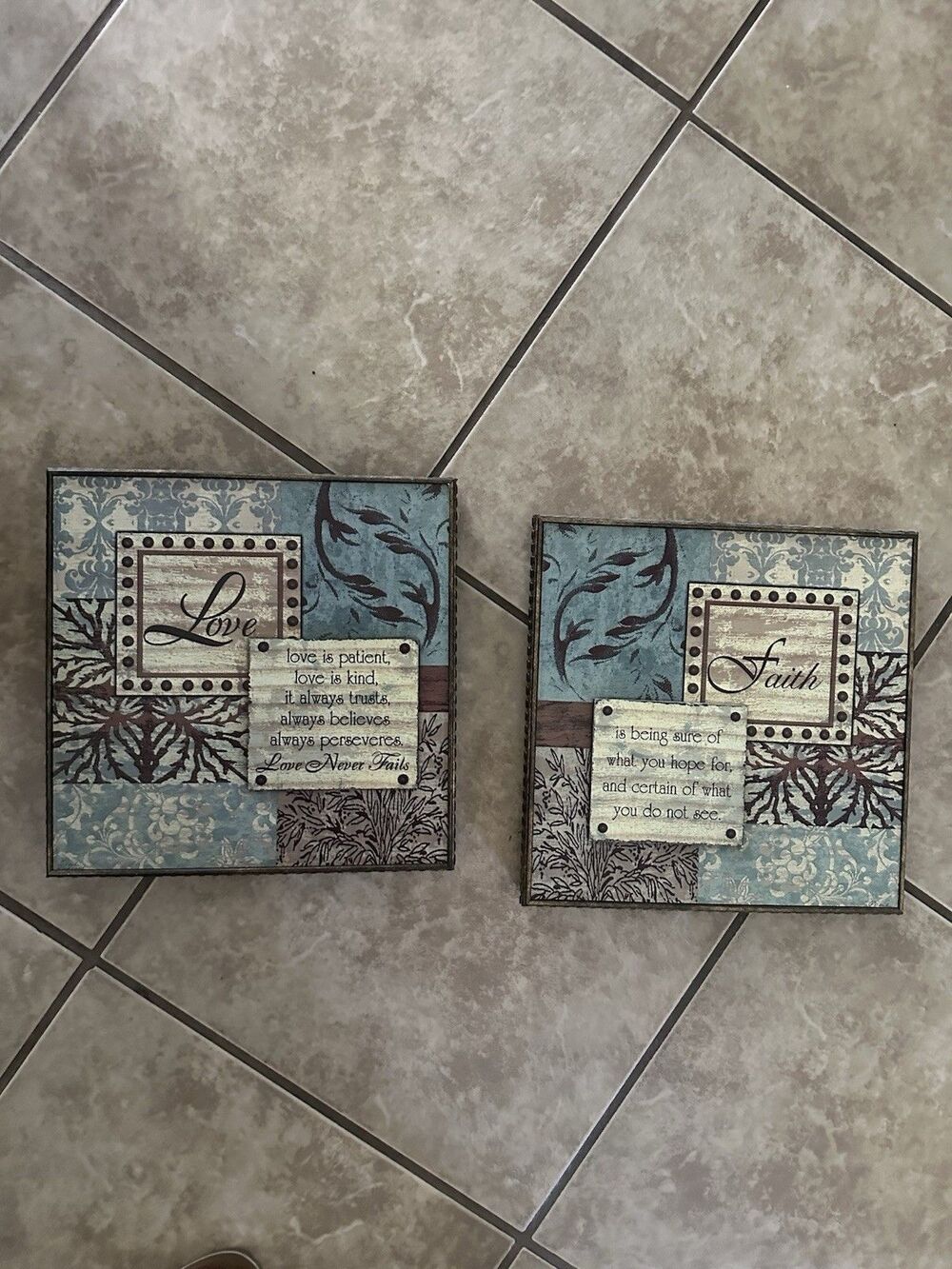 Set of 2 Rustic Faith & Love Wall Art Plaques Teal Brown Patchwork Wood Framed